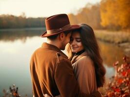 aimant couple est profiter une romantique l'automne journée ai génératif photo