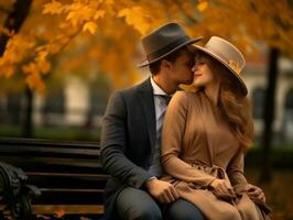 aimant couple est profiter une romantique l'automne journée ai génératif photo