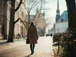 femme jouit une tranquille marcher dans le cœur de le ville ai génératif photo