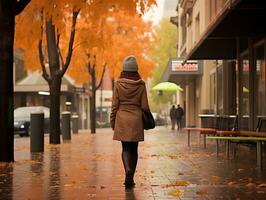 femme jouit une tranquille marcher dans le cœur de le ville ai génératif photo