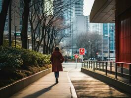 femme jouit une tranquille marcher dans le cœur de le ville ai génératif photo