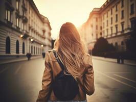 femme jouit une tranquille marcher dans le cœur de le ville ai génératif photo