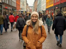 femme jouit une tranquille marcher dans le cœur de le ville ai génératif photo