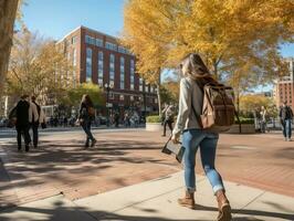 femme jouit une tranquille marcher dans le cœur de le ville ai génératif photo