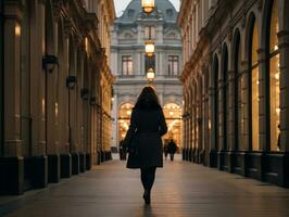 femme jouit une tranquille marcher dans le cœur de le ville ai génératif photo