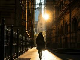 femme jouit une tranquille marcher dans le cœur de le ville ai génératif photo