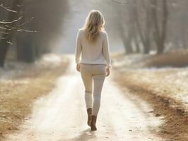 femme jouit une tranquille marcher dans le hiver journée ai génératif photo