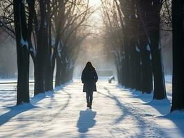 femme jouit une tranquille marcher dans le hiver journée ai génératif photo