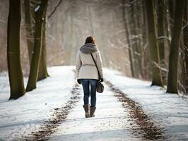 femme jouit une tranquille marcher dans le hiver journée ai génératif photo