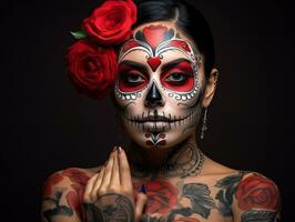 femme dans vibrant calavera maquillage fête le journée de mort ai génératif photo