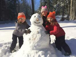 des gamins bâtiment une bonhomme de neige dans hiver journée ai génératif photo