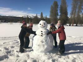 des gamins bâtiment une bonhomme de neige dans hiver journée ai génératif photo