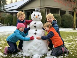 des gamins bâtiment une bonhomme de neige dans hiver journée ai génératif photo