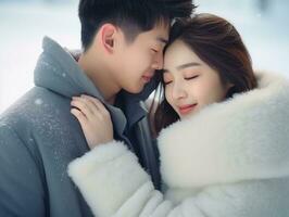 aimant asiatique couple est profiter une romantique hiver journée ai génératif photo