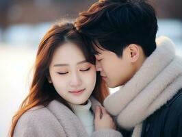 aimant asiatique couple est profiter une romantique hiver journée ai génératif photo