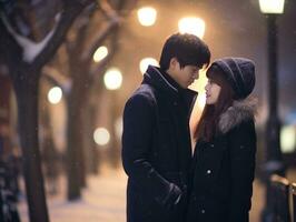 aimant asiatique couple est profiter une romantique hiver journée ai génératif photo