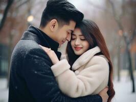 aimant asiatique couple est profiter une romantique hiver journée ai génératif photo