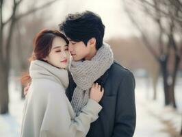 aimant asiatique couple est profiter une romantique hiver journée ai génératif photo