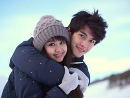 aimant asiatique couple est profiter une romantique hiver journée ai génératif photo