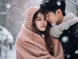 aimant asiatique couple est profiter une romantique hiver journée ai génératif photo