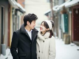 aimant asiatique couple est profiter une romantique hiver journée ai génératif photo