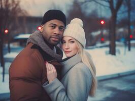 aimant interracial couple est profiter une romantique hiver journée ai génératif photo