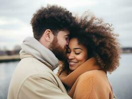 aimant interracial couple est profiter une romantique hiver journée ai génératif photo