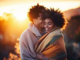 aimant interracial couple est profiter une romantique hiver journée ai génératif photo