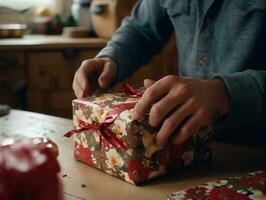 homme emballage présente avec vacances à thème emballage papier ai génératif photo