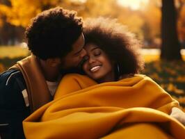 aimant africain américain couple est profiter une romantique l'automne journée ai génératif photo