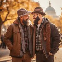 aimant homosexuel couple est profiter une romantique l'automne journée ai génératif photo
