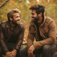aimant homosexuel couple est profiter une romantique l'automne journée ai génératif photo