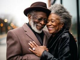 aimant vieux africain américain couple est profiter une romantique hiver journée ai génératif photo