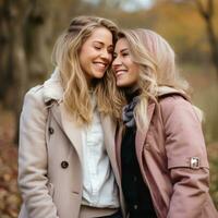 aimant homosexuel les femmes couple est profiter une romantique l'automne journée ai génératif photo