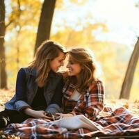 aimant homosexuel les femmes couple est profiter une romantique l'automne journée ai génératif photo