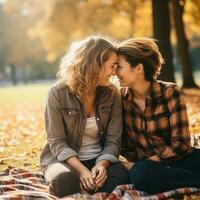 aimant homosexuel les femmes couple est profiter une romantique l'automne journée ai génératif photo