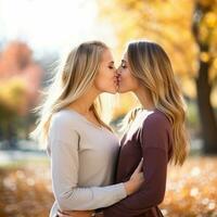 aimant homosexuel les femmes couple est profiter une romantique l'automne journée ai génératif photo