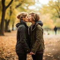 aimant homosexuel les femmes couple est profiter une romantique l'automne journée ai génératif photo