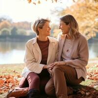 aimant homosexuel les femmes couple est profiter une romantique l'automne journée ai génératif photo