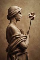 génératif ai, photoréaliste antique sculpture et fleurs, en sourdine neutre couleurs, 3d style céramique statue photo