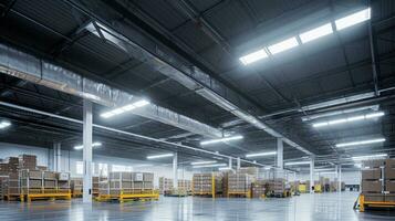 génératif ai, entrepôt intérieur avec LED éclairage, industrie bâtiment, Distribution vente au détail centre, partie de espace de rangement et livraison système. photo