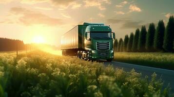 génératif ai, vert un camion conduite sur le asphalte route dans rural paysage à le coucher du soleil. photo