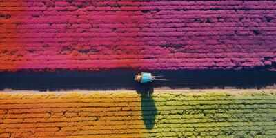 génératif ai, ferme coloré paysage, agricole des champs, magnifique campagne, pays route. la nature illustration, Haut vue drone, horizontal bannière. photo