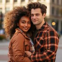 aimant interracial couple est profiter une romantique l'automne journée ai génératif photo