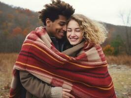 aimant interracial couple est profiter une romantique l'automne journée ai génératif photo