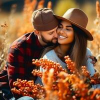 aimant interracial couple est profiter une romantique l'automne journée ai génératif photo