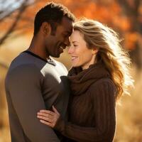 aimant interracial couple est profiter une romantique l'automne journée ai génératif photo