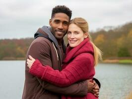 aimant interracial couple est profiter une romantique l'automne journée ai génératif photo