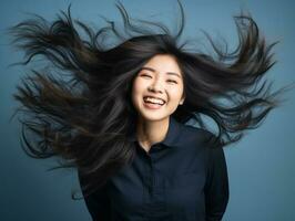 40 année vieux asiatique femme dans émotif dynamique pose sur solide Contexte ai génératif photo