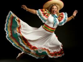 40 année vieux mexicain femme dans espiègle pose sur solide Contexte ai génératif photo